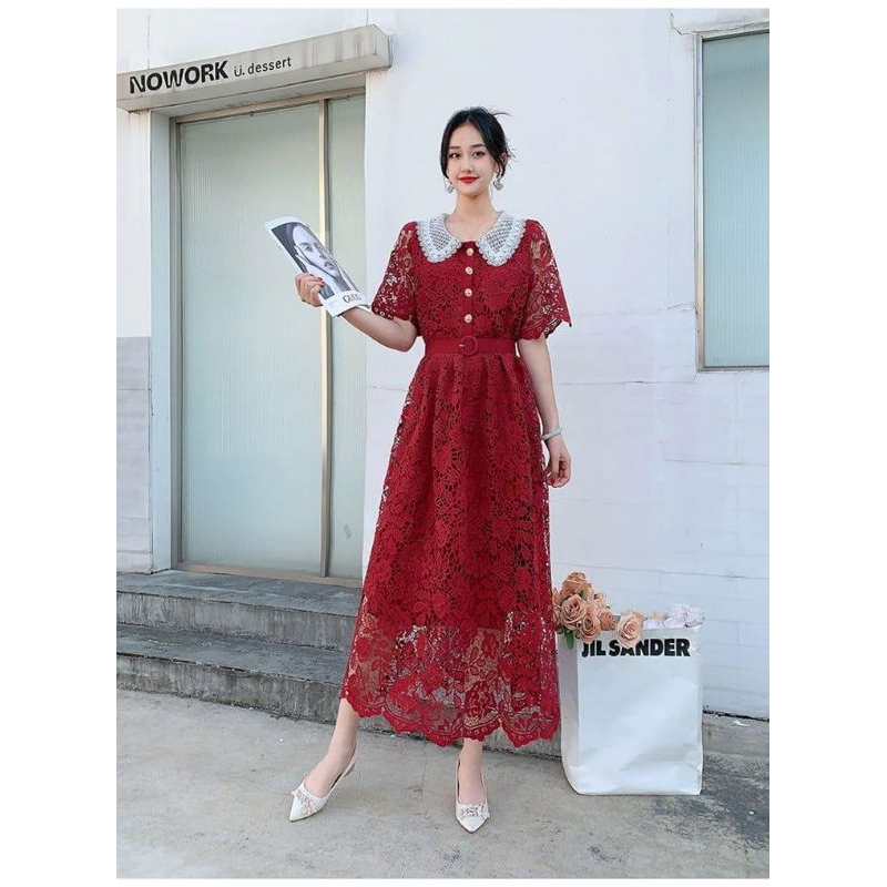 52602 Baju mididress DOLMITHA LACE MIDI DRESS tile brokat lengan pendek dres Korean style wanita pre