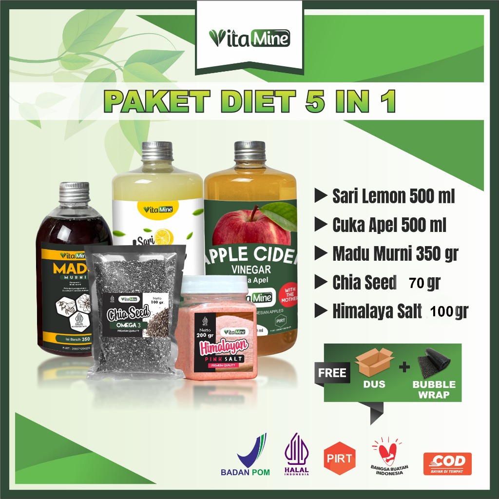 

Vitamine - Paket Diet dan Detox 5in1 BIG - Paket Sari Lemon, Cuka Apel, Chia Seed, Madu Hutan, Garam Himalaya