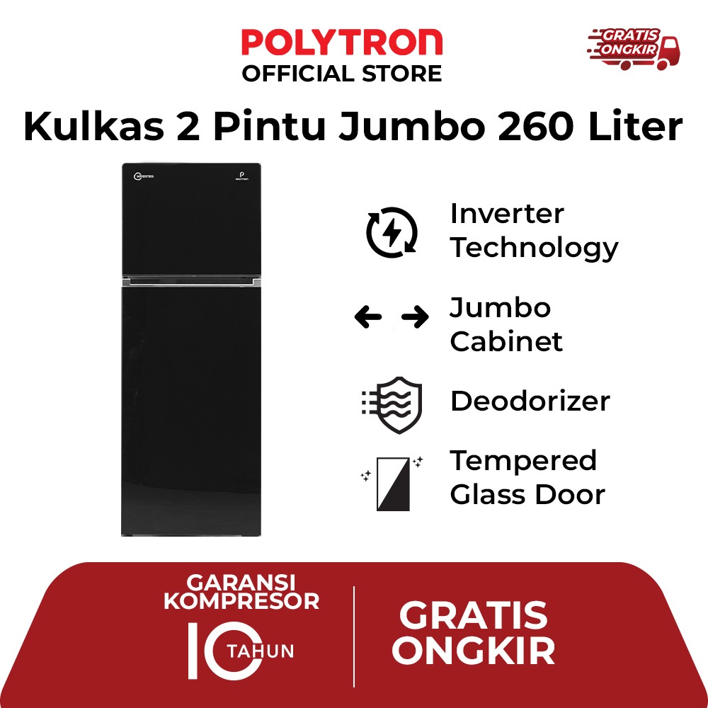 POLYTRON Belleza JUMBO Inverter Kulkas 2 Pintu 260 Liter Inverter PRW 29VX