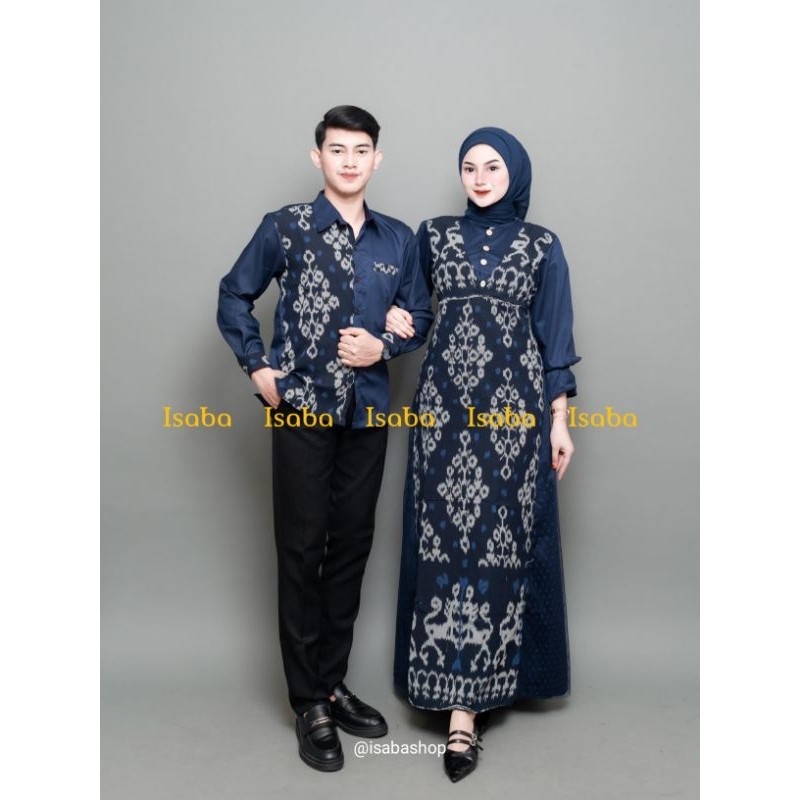 ISABA - BAJU TENUN COUPLE - COUPLE DRESS MEYRA NAVY - COUPLE GAMIS LEBARAN
