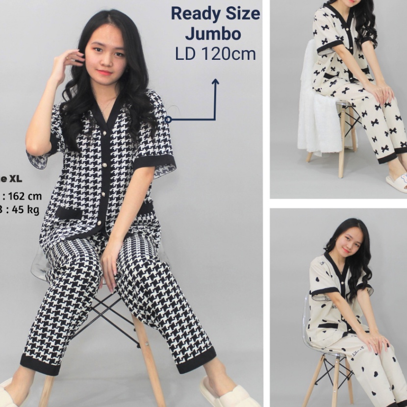 Tawaran ST Vianca Piyama Motif Pita love Powysuit Bahan Satin Lengan Pendek Celana Panjang Baju Tidu