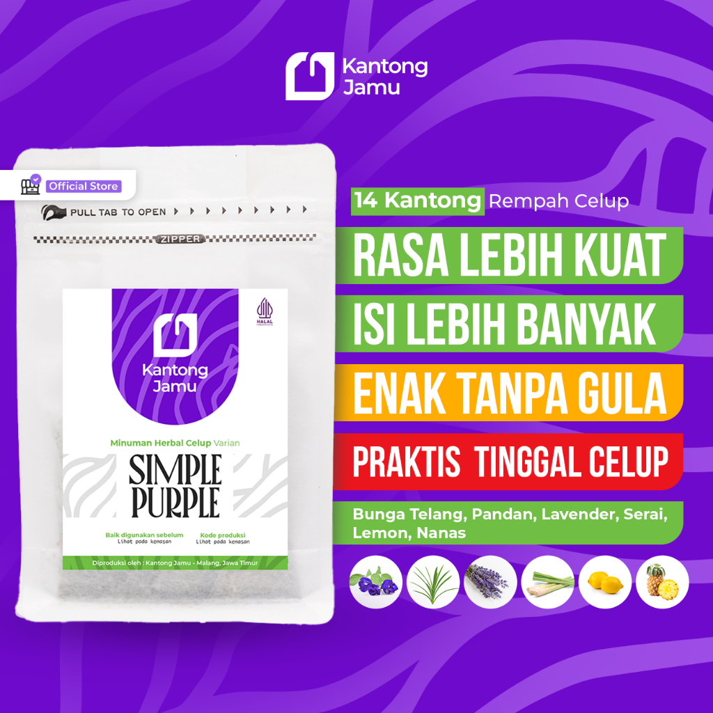 

Kantong Jamu Simple Purple 14 Kantong - Teh Herbal Kering Jamu Celup Instant Mix Telang Pandan Serai Bunga Lavender Lemon Kering Nanas Ramuan Sehat Diet JSR Tanpa Gula