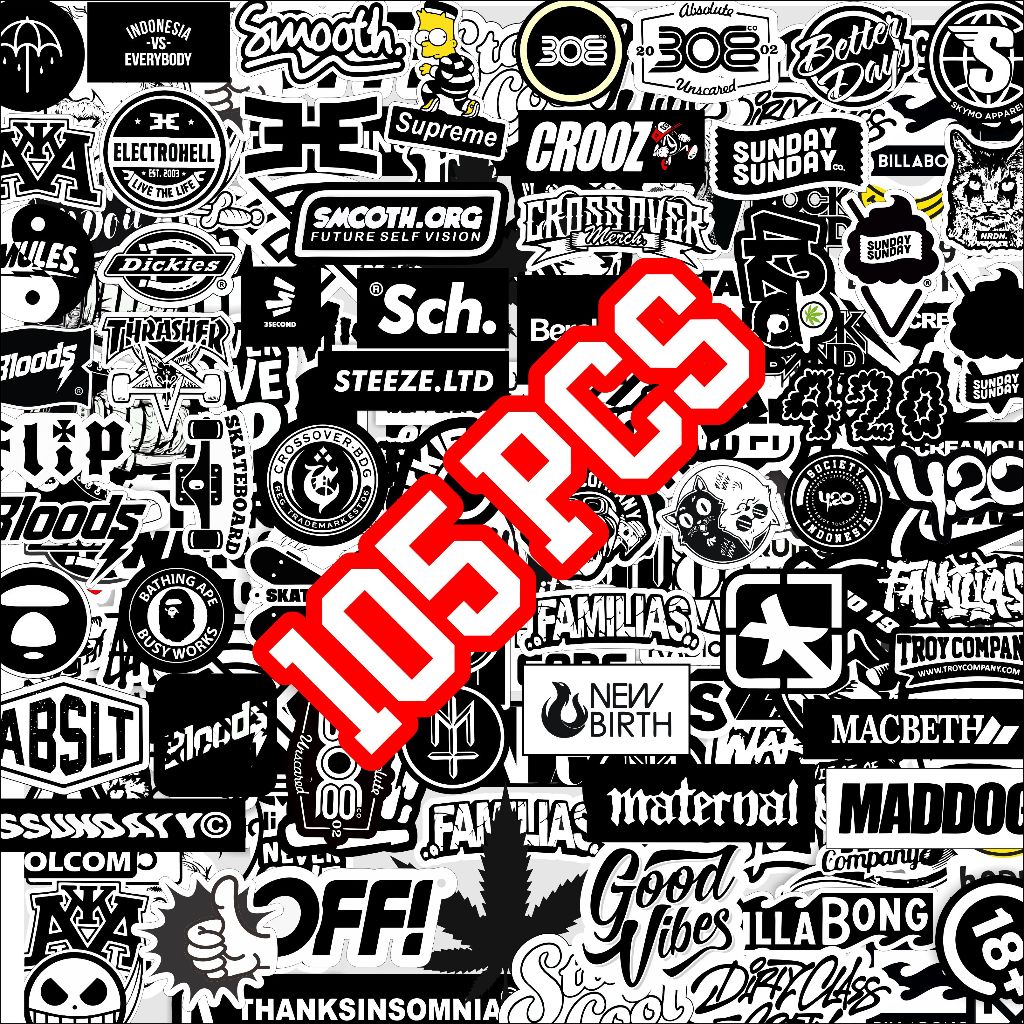 

Stiker Brand Distro 105 picis sudah cutting tinggal tempel hitam putih tanti air