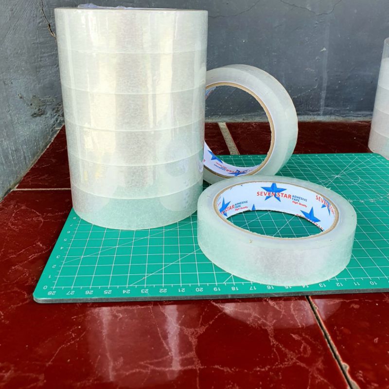 

lakban / solatip bening merk seven star ukuran 1,2cm dan 2,4 cm