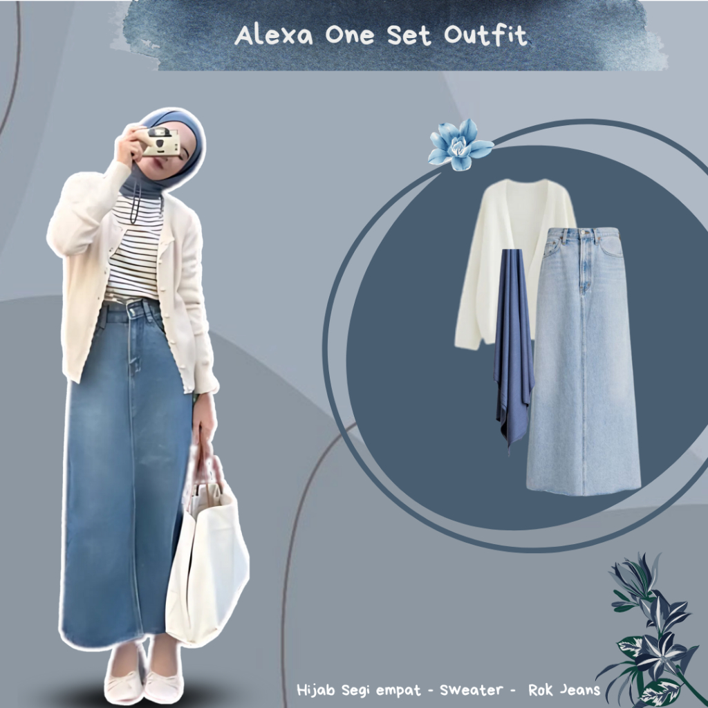 Alexa One Set OOTD Selebgram gaya Pinterest terkini model terbaru ( Hijab + Outer + Rok Jeans )- BY2