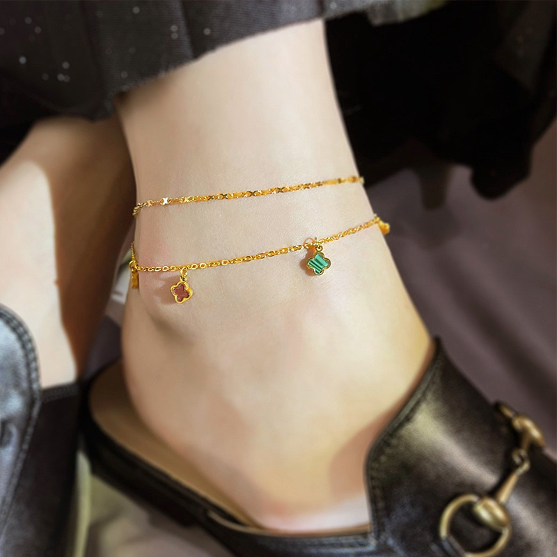 Gelang Kaki 2 Layer Titanium Premium Import Clover Bunga Warna Warni Aksesoris Fashion Wanita Korea 
