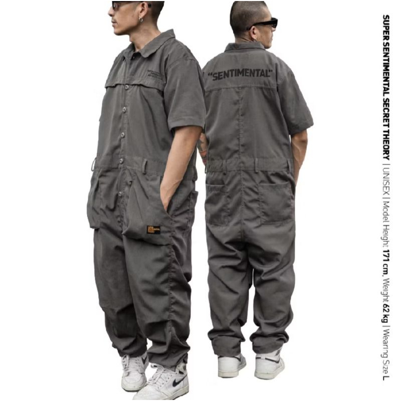 ssst coverall shortsleeve jumpsuit abu-abu / thrift baju bengkel preloved