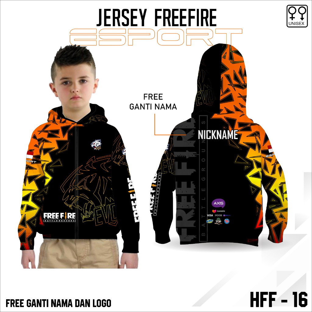 Jersey e sport baju ff kaos esport gamer ff terbaru hoodie zipper anak lengan panjang