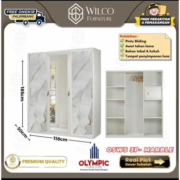 Lemari Pakaian Olympic OSWS Sean 90 120 160 | Lemari Pakaian Plat Besi | Lemari Baju Sliding Pintu B