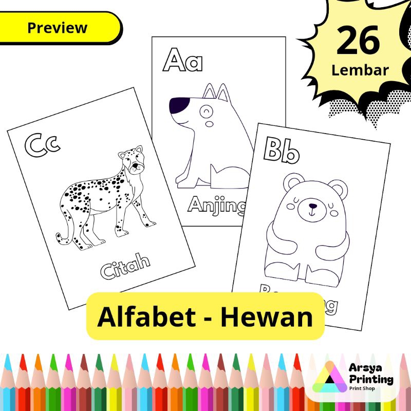 26 Lembar Kertas Mewarnai Anak Tema Hewan berdasarkan Alfabet A-Z Ukuran A4