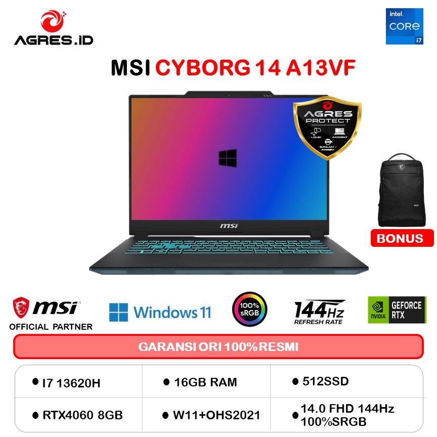 MSI CYBORG 14 I7 13620H RTX4060 8GB/ 16GB 512GB W11+OHS 14.0FHD+ 144HZ 100SRGB BLIT BLK -A13VF.025