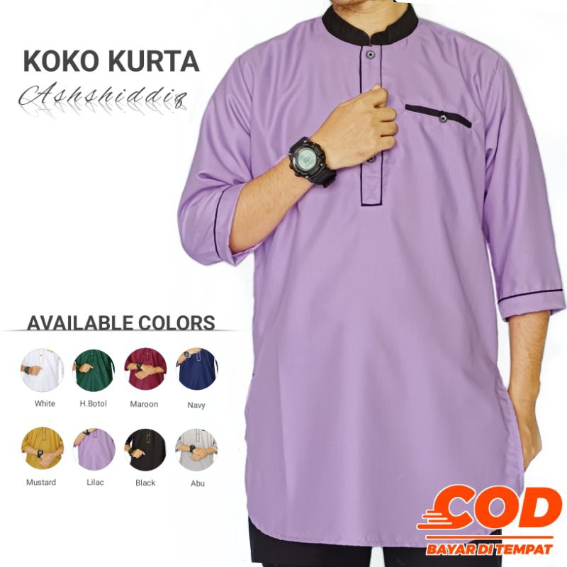 DISKON KOKO KURTA ASHSHIDDIQ - BAJU KOKO KURTA PRIA DEWASA LENGAN 3/4 WARNA MUSTARD PUTIH HIJAU
