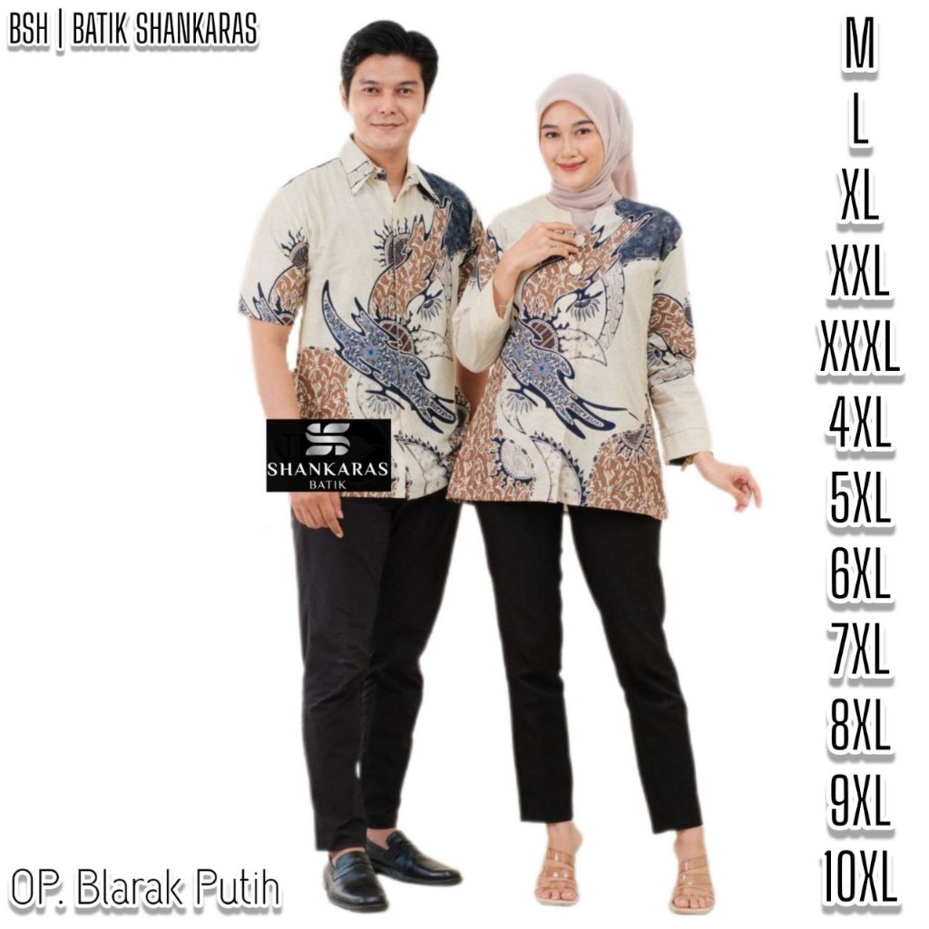 BATIK SHANKARAS Motif OP. Blarak Putih Atasan Batik Wanita & Pria Couple Jumbo Size M L XL XXL 3XL 4