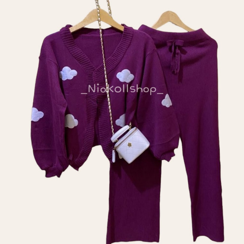 Cuci Gudang  OneSet Celana Kulot  Cardigan Cloud Shenin Rajut Premium
