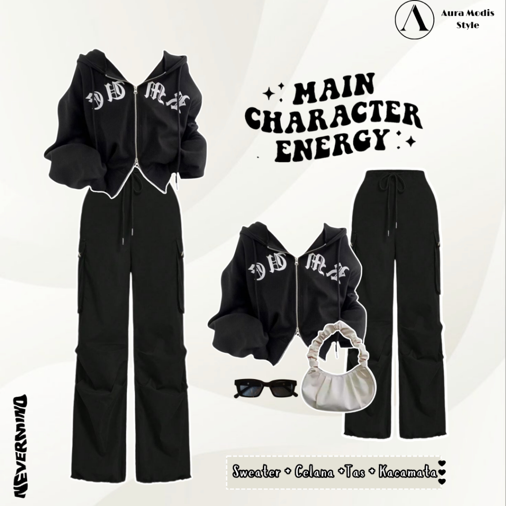 Setelan 4in1 Wanita Premium | Sweater Crop Fleece Adem | Celana Cargo Hitam Jumbo Anti Gerah | OOTD 