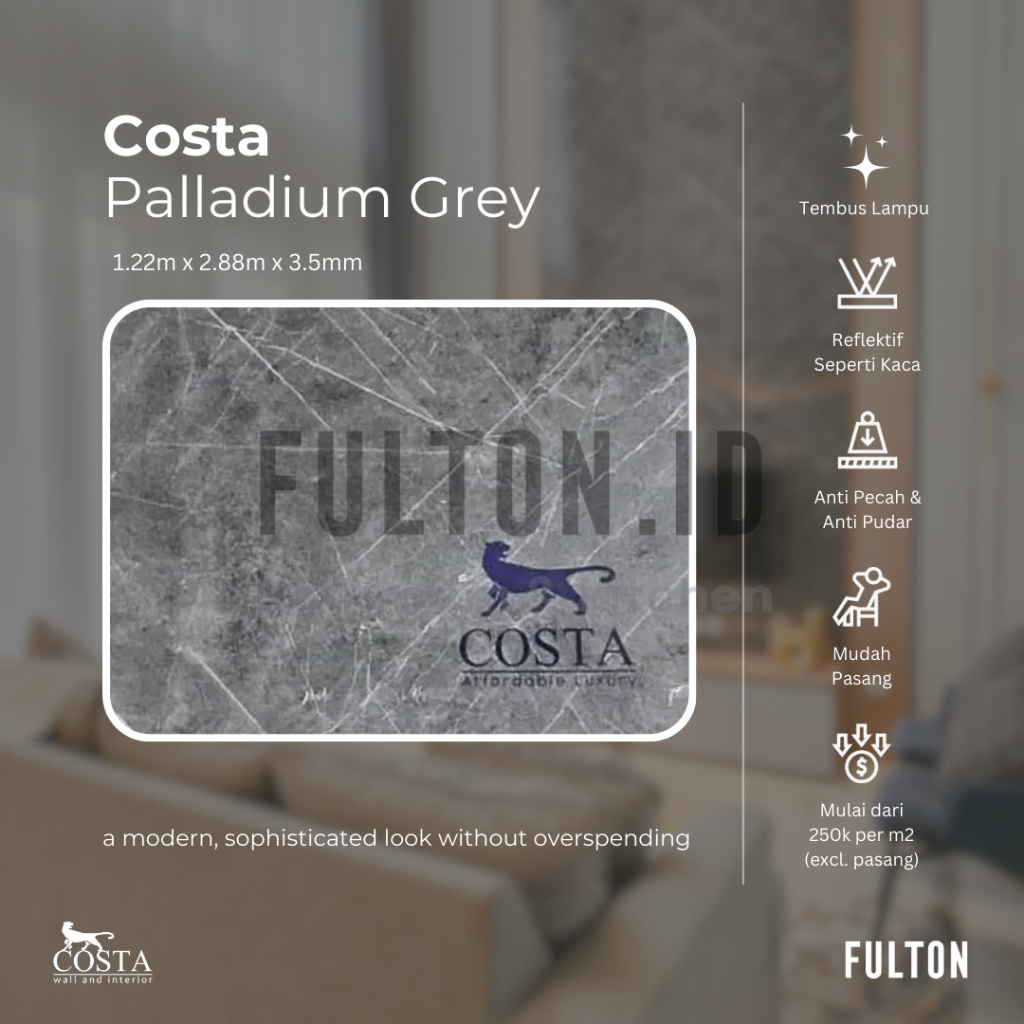 Costa PVC Akrilik Marmer Palladium Grey 1.22m x 2.88m x 3.5mm