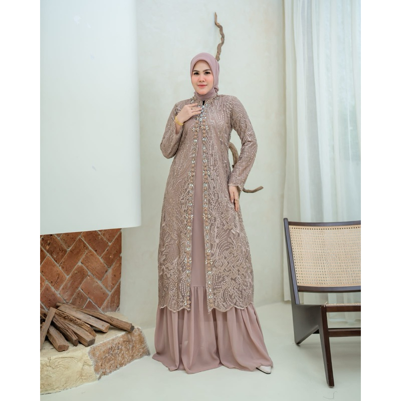 (READY)Gamis Tile Bordir Premium Ful Payer Kiri Kanan Bahan Non Gliter Auter Lepas Pasang Gamis Supe