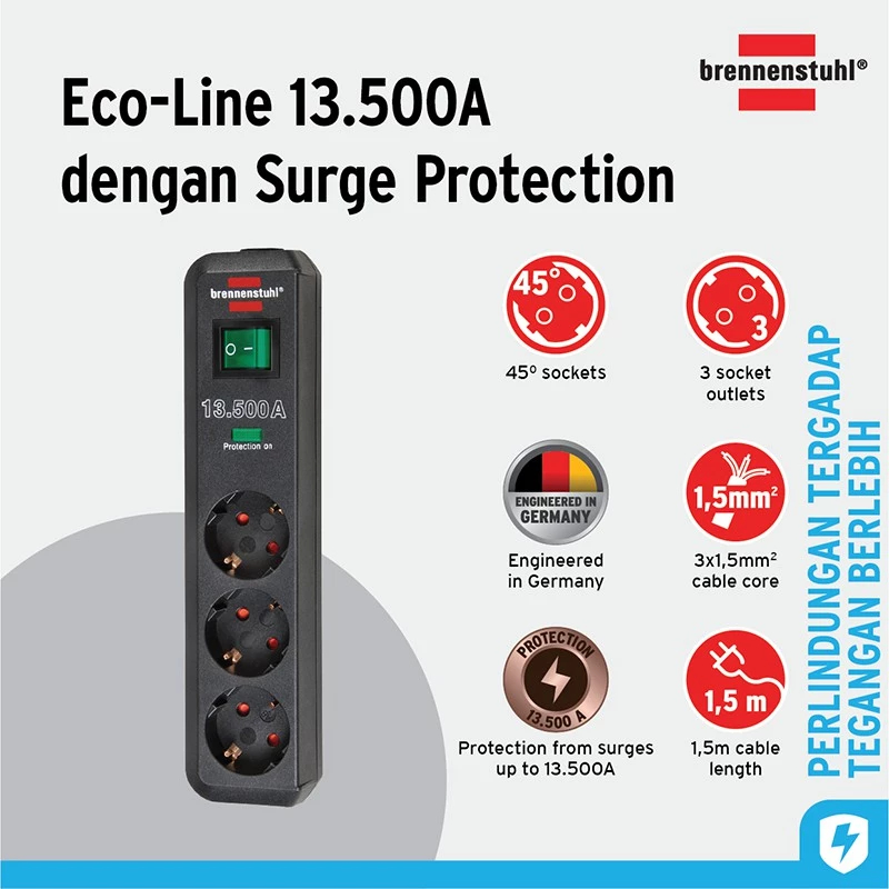 Brennenstuhl Eco-Line 13.500A 3-Soket Stop Kontak