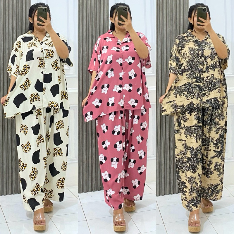 Piyama kerah bahan rayon full kancing big size ld140cm | oneset kerah ld 140cm | setelan wanita size