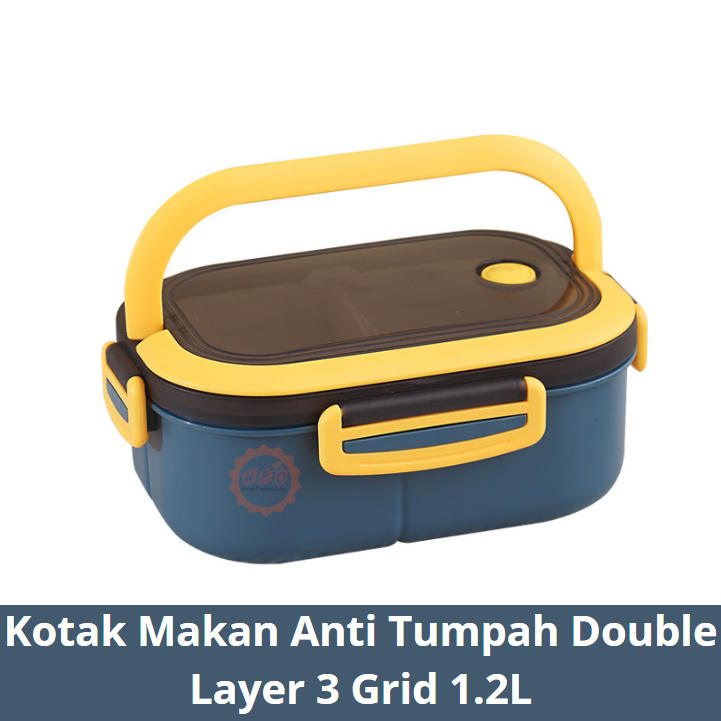 Kotak Makan Anti Tumpah Lunch Box Double Layer 3 Grid 1.2L