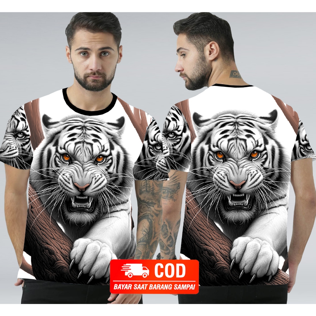 Kaos Distro Cowok Motif Macan Depan Belakang ada Sablon Untuk Pria Dewasa