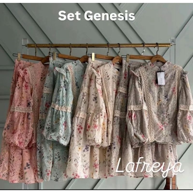 SETELAN ROK GENESIS LAFREYA SOFT ABU MOTIF BUNGA LENGAN BALON KATUN BORDIR IMPORT