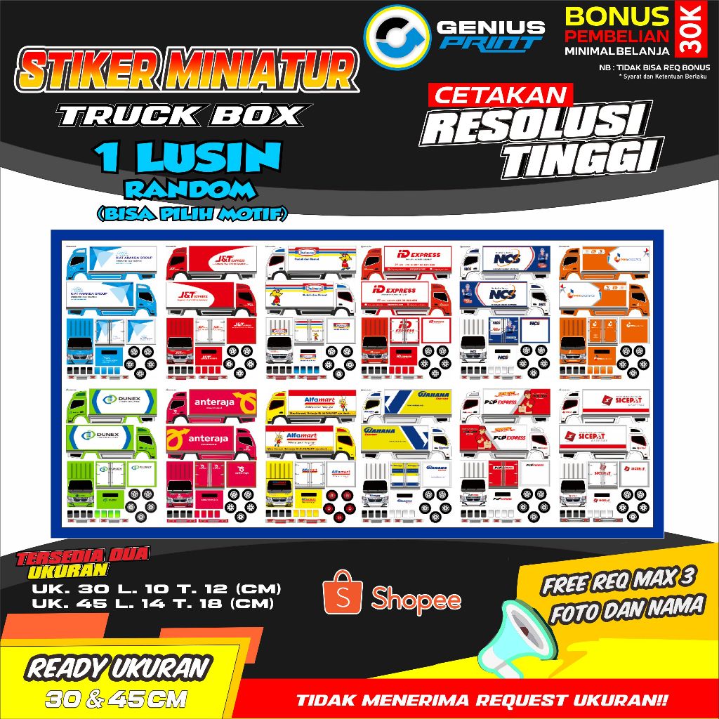 Stiker Mainan Miniatur Truk Box Canter 1 Lusin Random (Bisa Req Motif) Uk. 30 dan 45cm