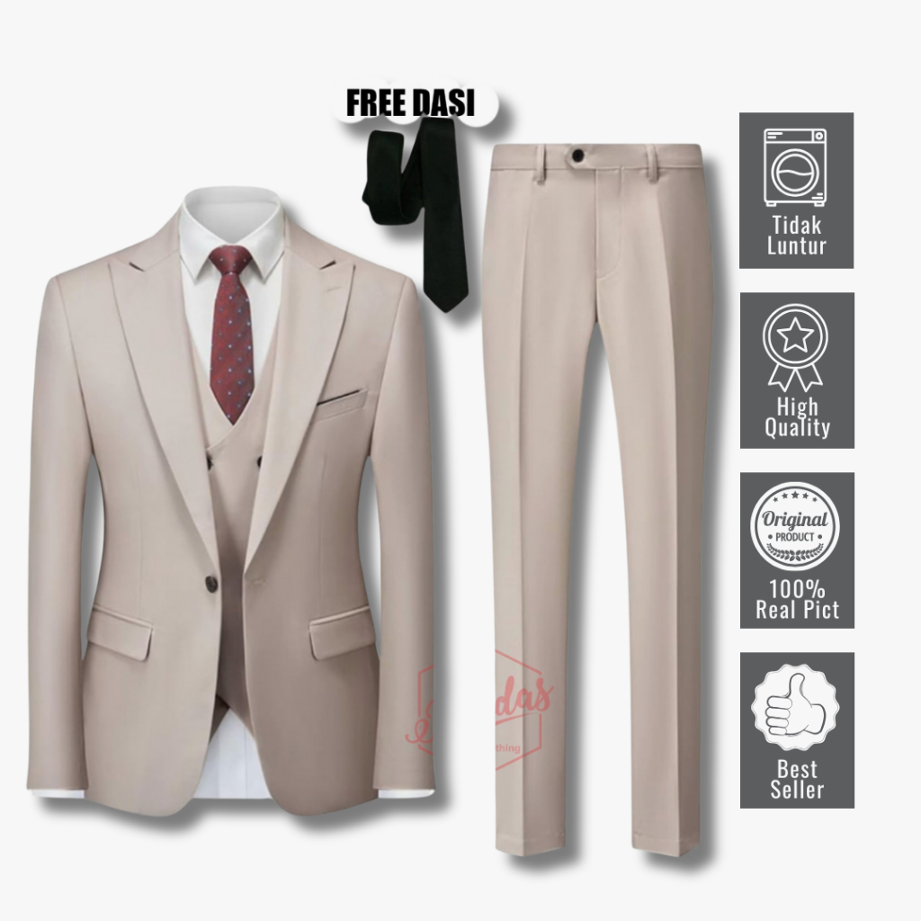 Setelan Jas Pria 3in1/Set Jas Rompi Celana Formal/Setelan Jas Nikah Kantor Wisuda Model Slimfit BLDS