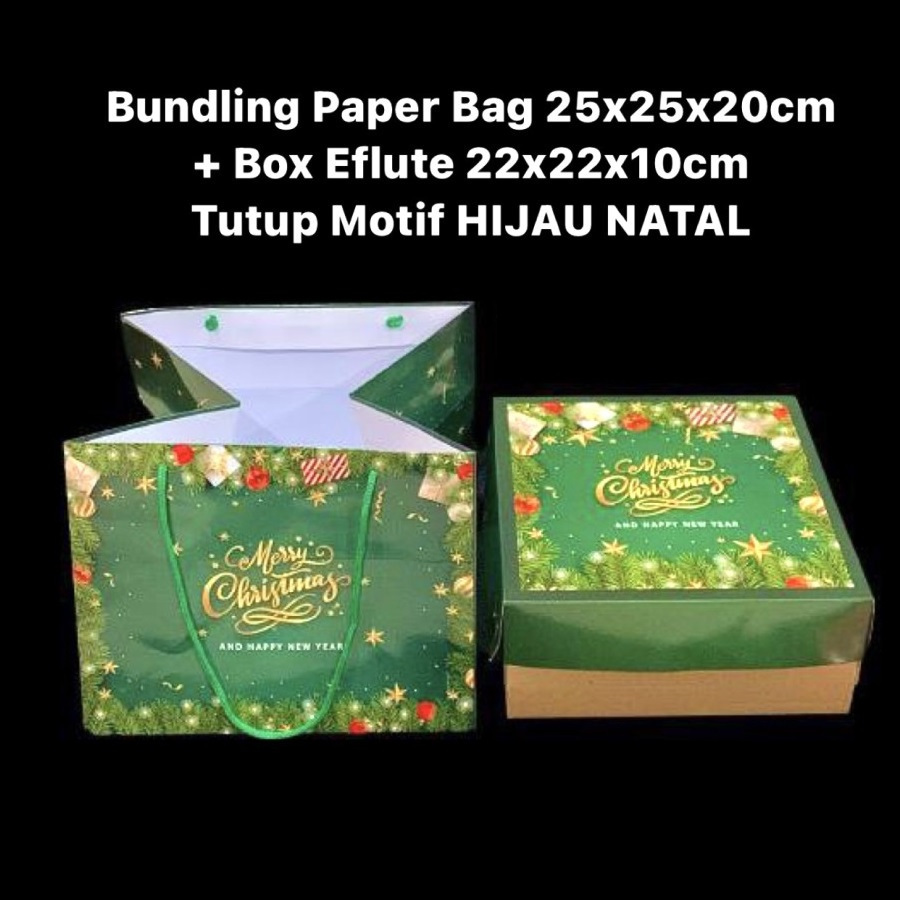 

( 3 Set ) Bundling Box Natal Hijau 22x22x10 cm + Paperbag Christmas 25x25x20 cm Hampers Cake