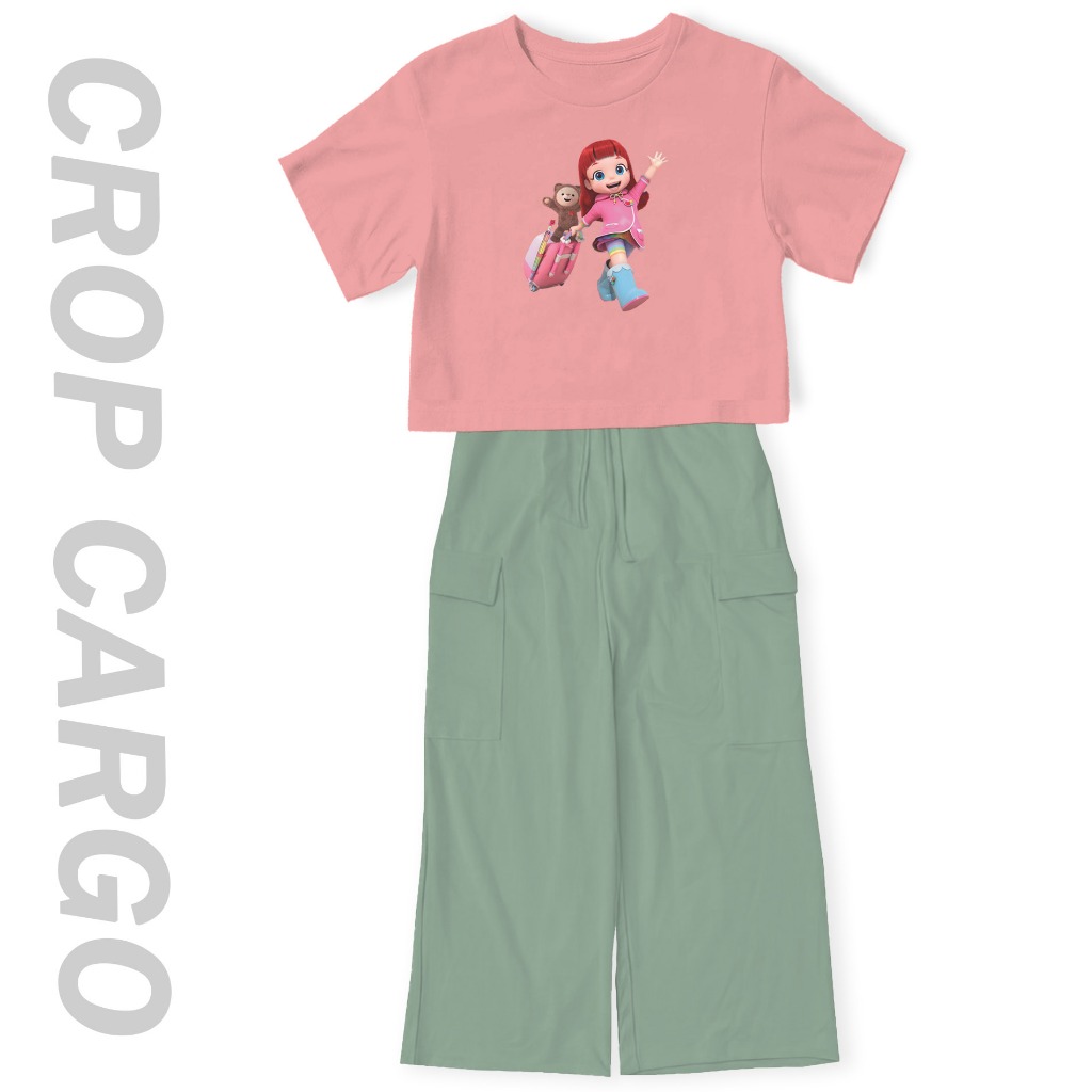 Setelan Crop Oversize Rainbow Ruby Koper Viral Celana Kargo Anak Perempuan Remaja 7-10Tahun