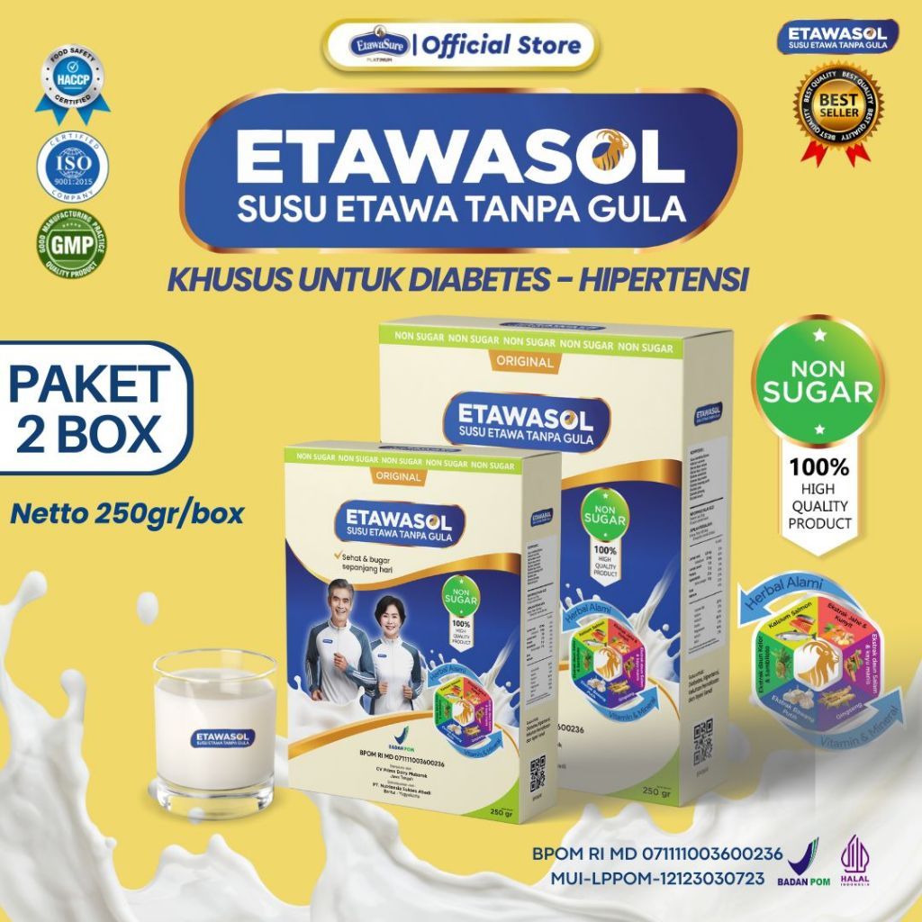 

Etawasol Susu Kambing Bebas Gula Untuk Diabetes, Hipertensi, Nyeri Sendi dan Pernafasan 250gr 2 Box
