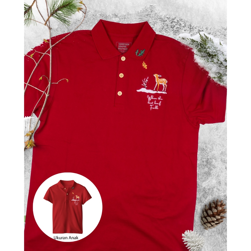 KODE Q87U Exclusive New Arrival KAOS HANDESIGN NATAL BERKERAH MERAH BORDIR FAMILY EDITION  SC LEAF1