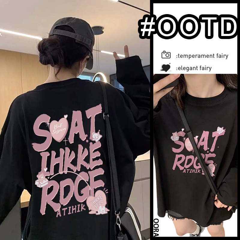OORA Kaos Oversize Wanita Lengan Panjang Kaos lengan panjang hitam dan putih bermotif Pink letters/k