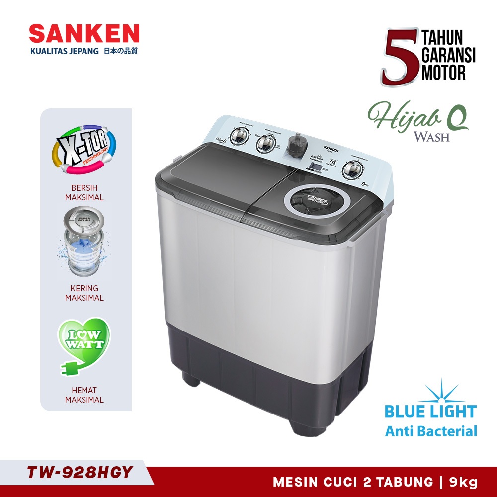 Sanken Mesin Cuci 2 Dua Tabung 9kg TW-928HGY Blue Light Anti Bacterial