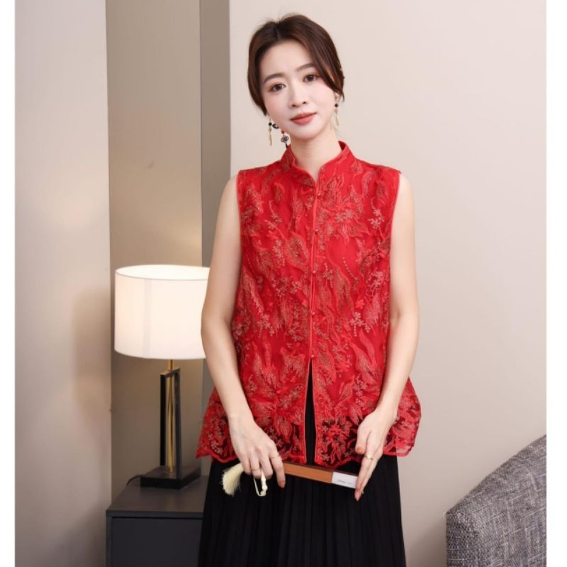 0280 Pakaian Atasan  kostum drescode Baju blus blouse kemeja lengan pendek full kancing bahan lace b