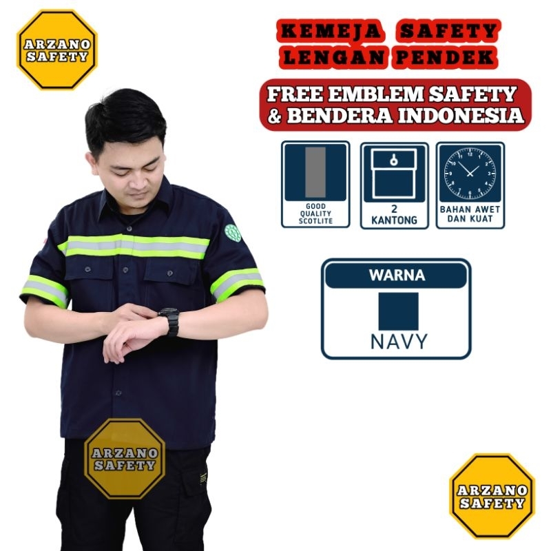 ARZANO SAFETY - Kemeja safety navy lengan pendek baju safety lengan pendek seragam safety lengan pen