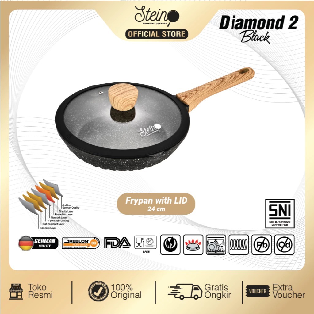 STEIN Cookware Diamond 2 Fry Pan Panci Penggorengan Anti Lengket 24cm + Tutup BATAM