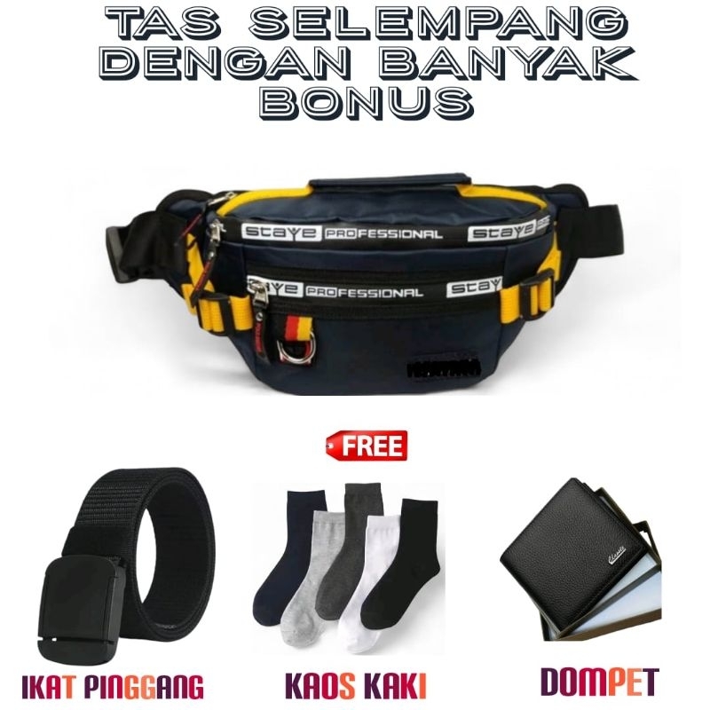 Promo Paket Hemat Pria Ikat Pinggang Pria Tas Selempang Tas Waistbag Dompet Gratis Kaos Kaki