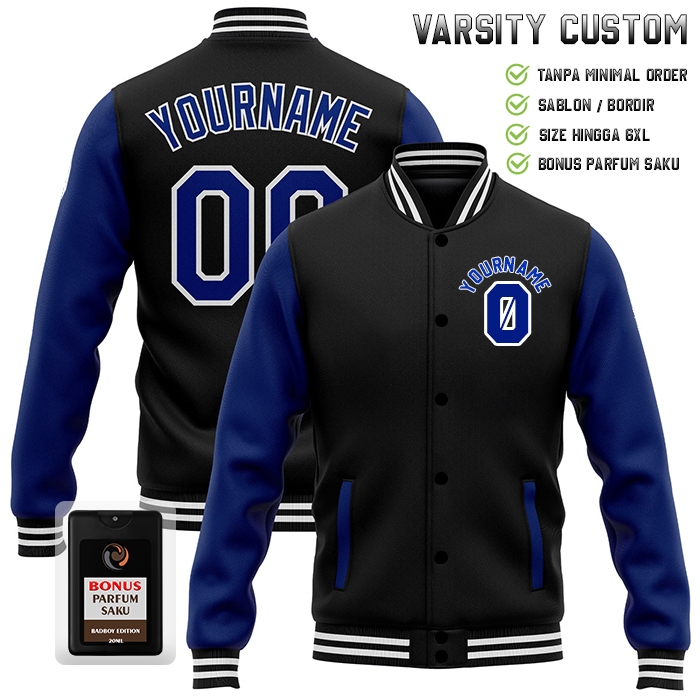 Jaket Varsity Custom Bordir satuan Bomber Kombinasi HITAM BIRU NAVI Sweater Baseball