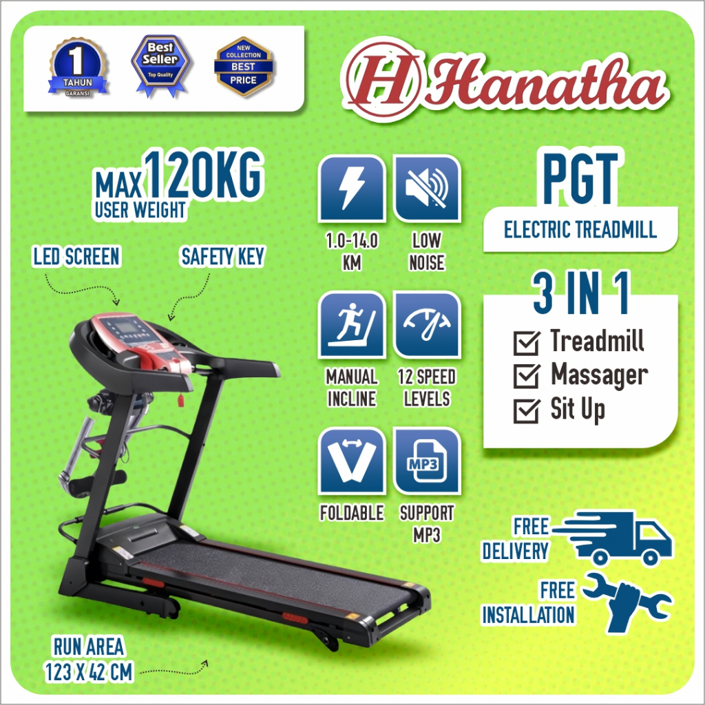 GARANSI Treadmill Elektrik PGT Hanatha 3 Fungsi Alat Fitness Alat Fitness Treadmill BELANJA SERU