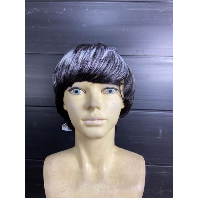 WIG PRIA RAMBUT PENDEK PONI TEBAL WARNA HITAM MIX PUTIH