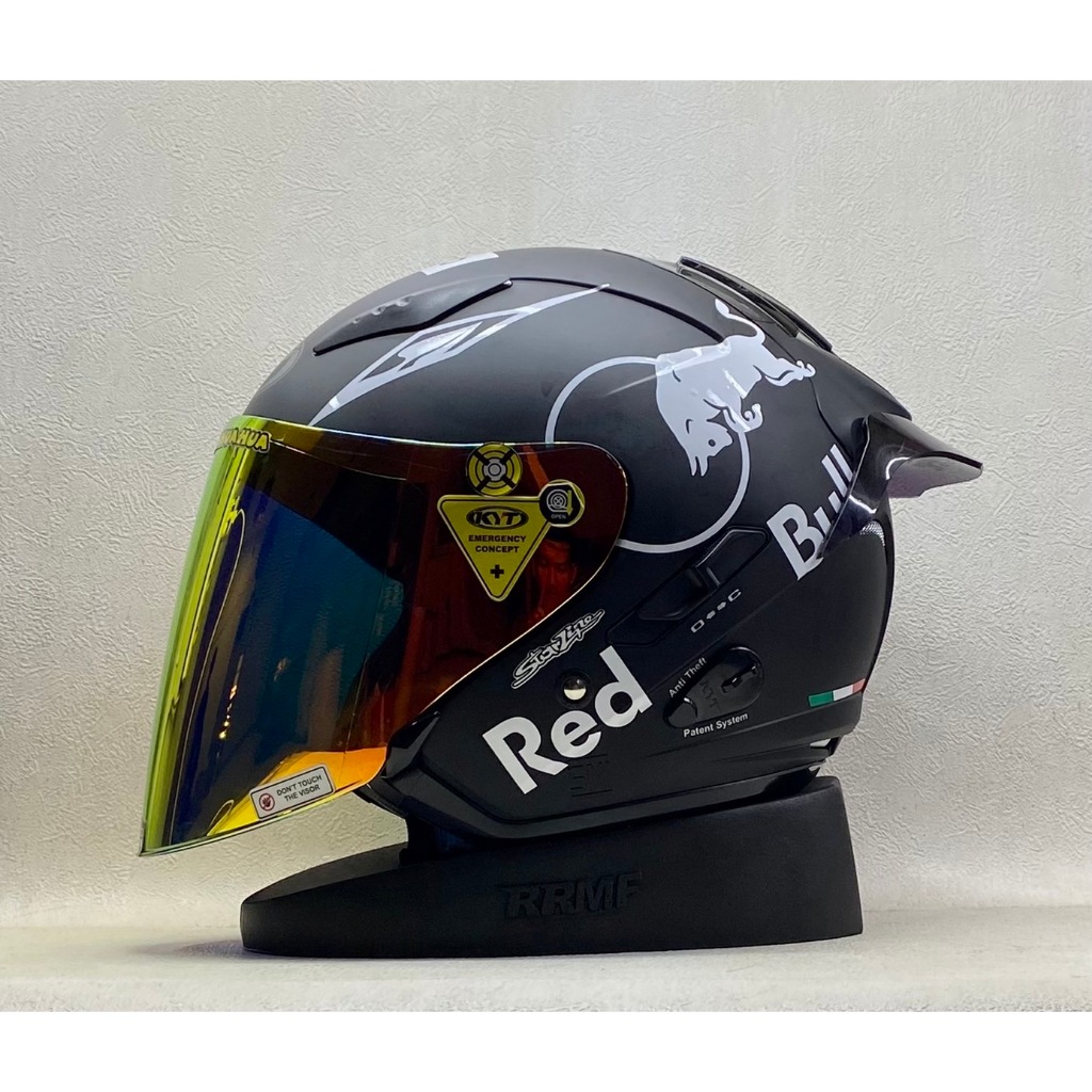 KYT Galaxy Flat R Solid Black Doff || Paket Stiker Red Bull Putih - Helm Half Face