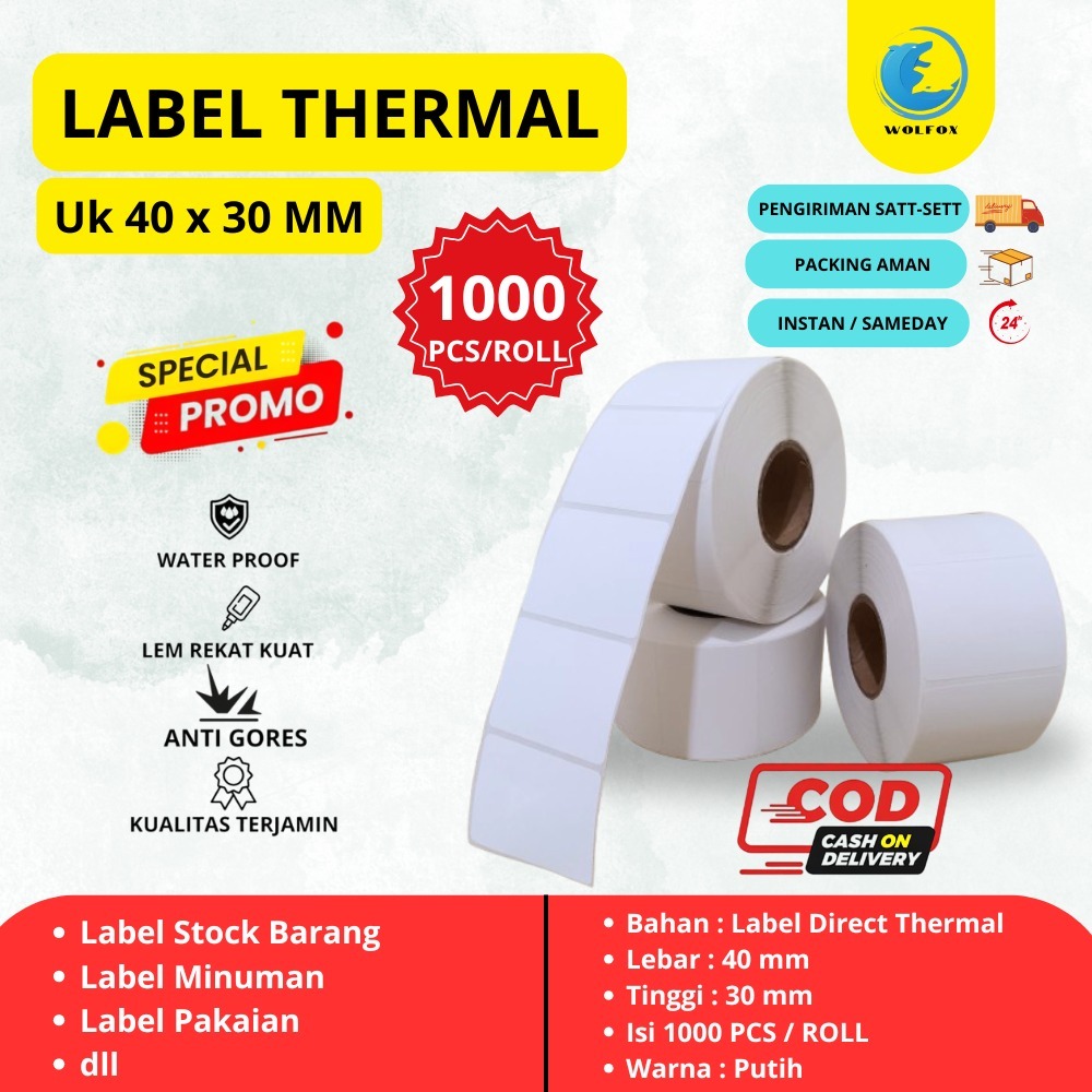 

KERTAS THERMAL LABEL 40X30 ISI 1000 STICKER BARCODE 1 LINE