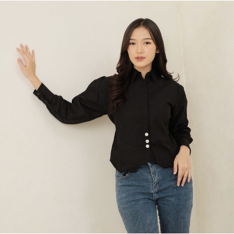 Blus Wanita Model Kemeja Halinka Bahan Linen Rami
