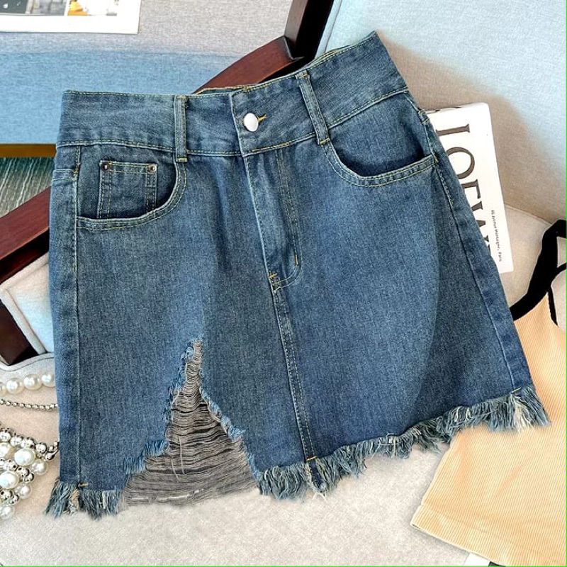 Rok Wanita Pendek/Rok Jeans Pendek Highwaist/Skirt Pendek Denim Sobek/ Rok Wanita Kekinian