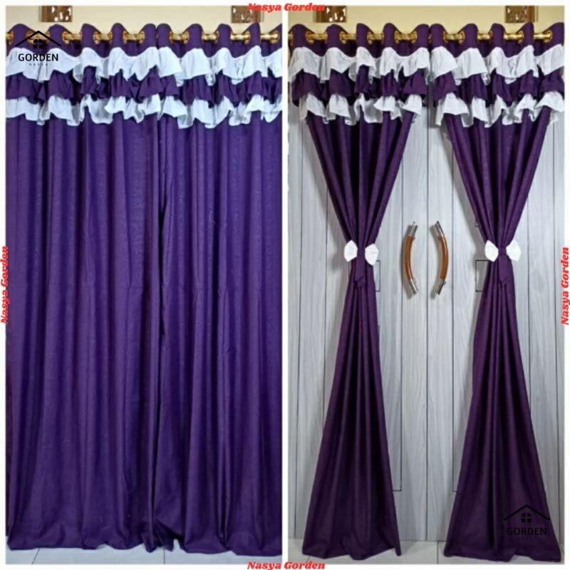 Gorden Pintu / Jendela Motif Embos Polos Ungu Tua Model Smokring Ring 10 Ukuran 220 x 110 cm