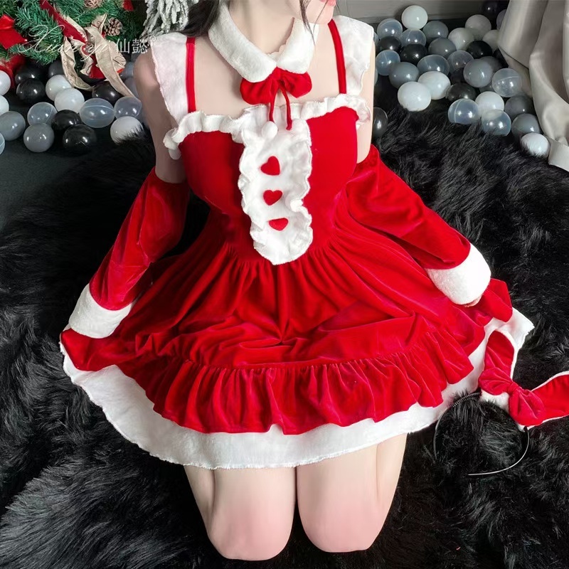 Color Cosplayer Sexy Christmas Girl Dress Suits Kawaii Bunny Girl Dress Set Pink Women Xmas Cosplay 