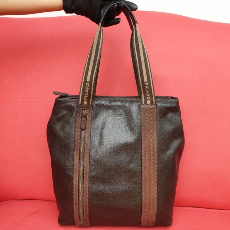 Tas Picard Tote Shoulder Bag Wanita Kulit Asli Coklat