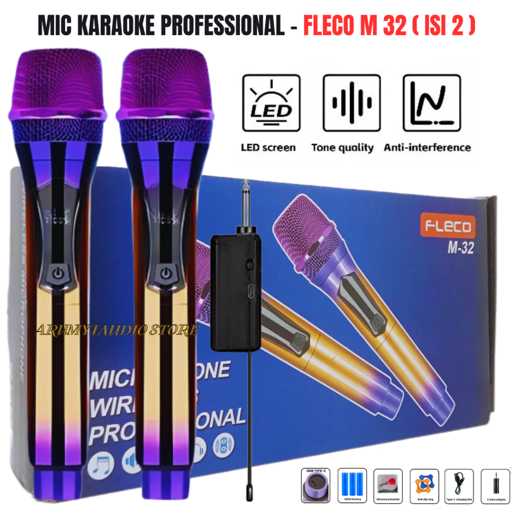 Mic Fleco M-32 Double Mic Wireless Profesional Microphone Mic Tanpa Kabel Fleco M-32 | Mic Microphon