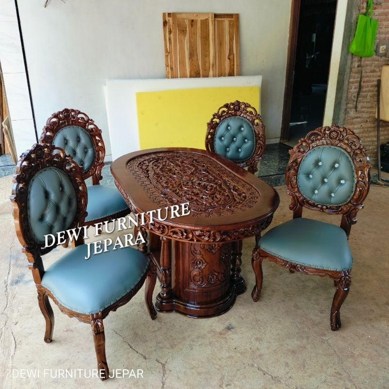 meja makan jati ukiran furniture jati Jepara meja makan kursi 4